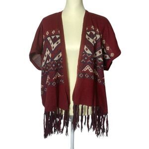 Almost Famous Boho Santa Fe Knit Fringe Pancho Cardigan Women's Size S/M